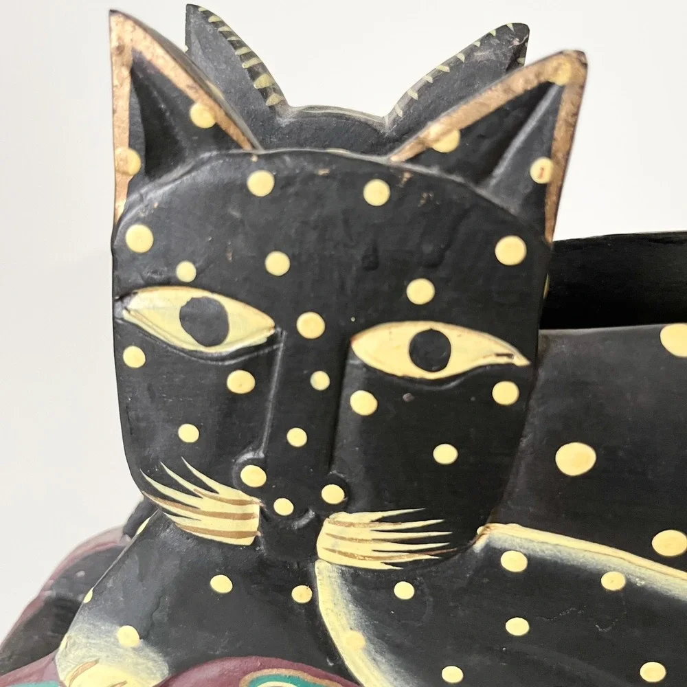 Wooden Cat Carved Painted Napkin Letter Holder Polka Dot Folk Art Halloween Fall